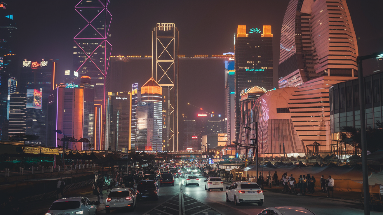 A bustling cityscape with vibrant neon lights at night