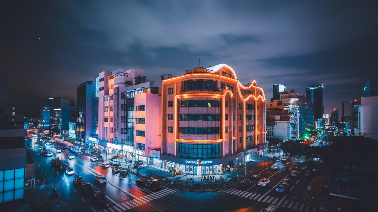 A bustling cityscape with vibrant neon lights at night
